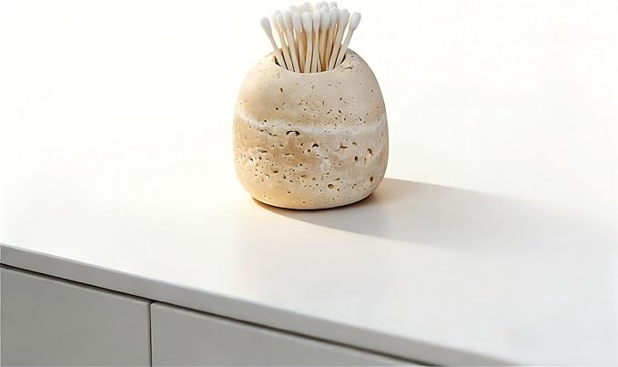 Travertine Match and Toothpick Holder Cute Beige Multi-Purpose Storage Jar for Cotton Swabs Matches Nail Clippers Scissors Bathroom Bedroom Vanity Decor (Beige)