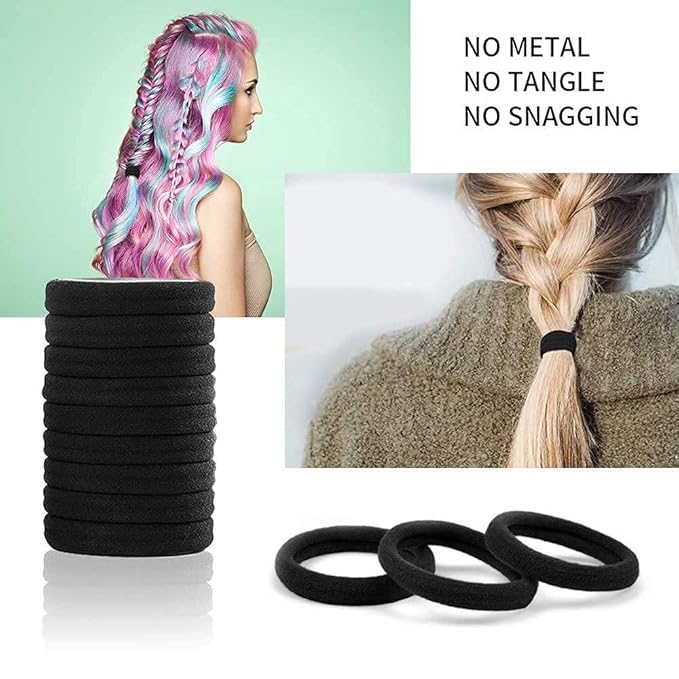 100PCS Black Hair Ties for Women, Seamless Cotton Hair Bands, No Crease No Damage Hair Tie for Thick Thin Hair, Soft Ponytail Holders, Hair Accessories for Girls