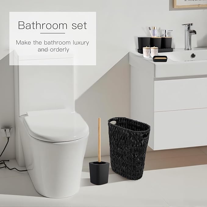 Black Bathroom Accessories Set with Wicker Trash Can Shower Curtain and Rugs,Bathroom Sets Small Waste Basket Bathroom Trash Can for Bedroom Bathroom