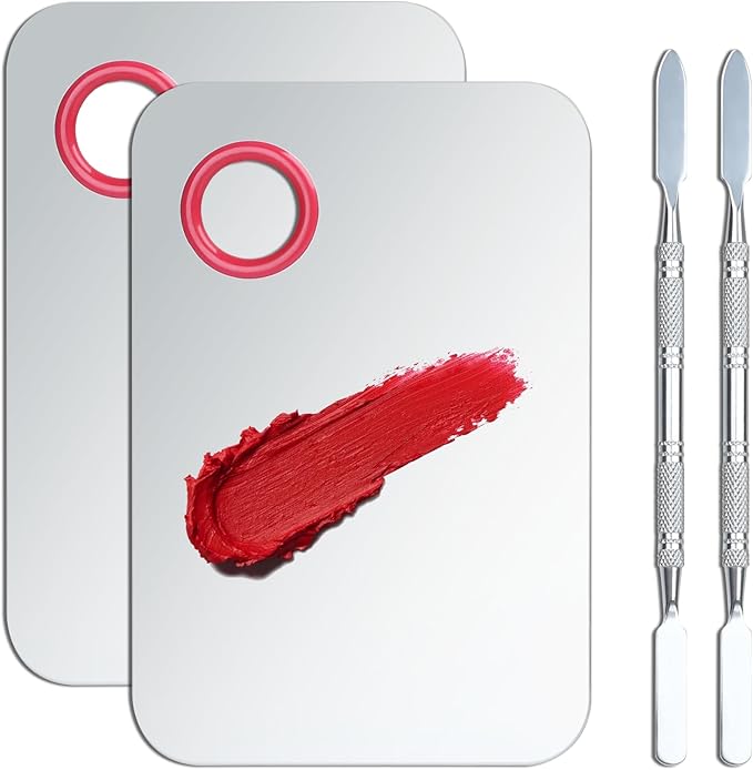 Pro-Grade Stainless Steel Makeup Mixing Palette with Spatula, 5.9 x 3.9 inches, Cosmetic Mixing Tray for Foundation, Eyeshadow, Nail Art & Pigment Blending (2 Pack)