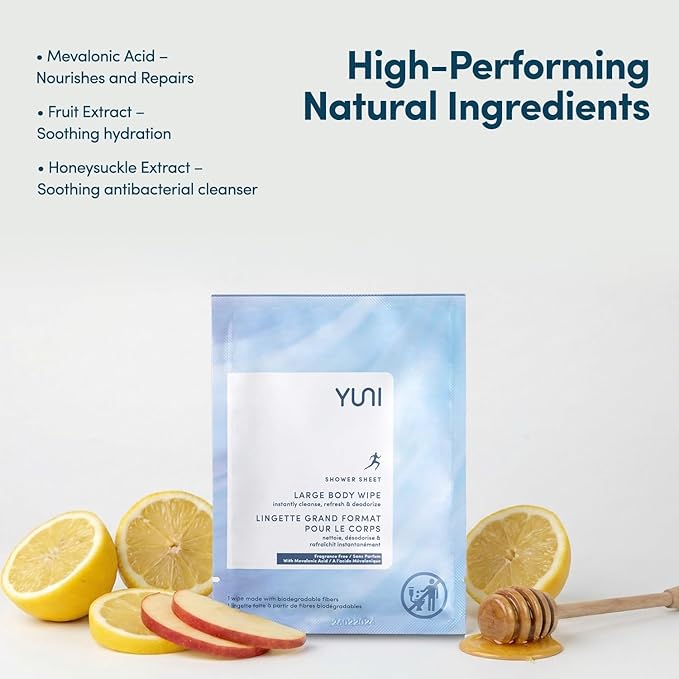 YUNI Beauty Large Body Wipes (Unscented, 12 Count) Super Soft Moist Showerless that Cleanse & Deodorize - On-the-Go Waterless Body Cleanser - Biodegradable Individually Wrapped Wipes for Travel