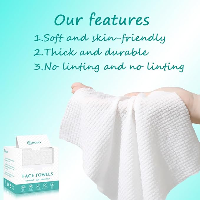 Disposable Face Towels, Facial Cleansing Cloths, Extra Soft Makeup Removing Cleansing 10"×12" Face Towelettes, Skin Care and Makeup Removal, 100% Pure Plant Fiber