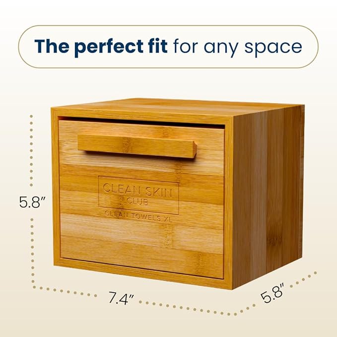 Clean Skin Club Luxe Bamboo container with pullout drawer includes Clean Towels® Original XL 50 Count, Disposable Face Towel Holder for Bathroom Counter