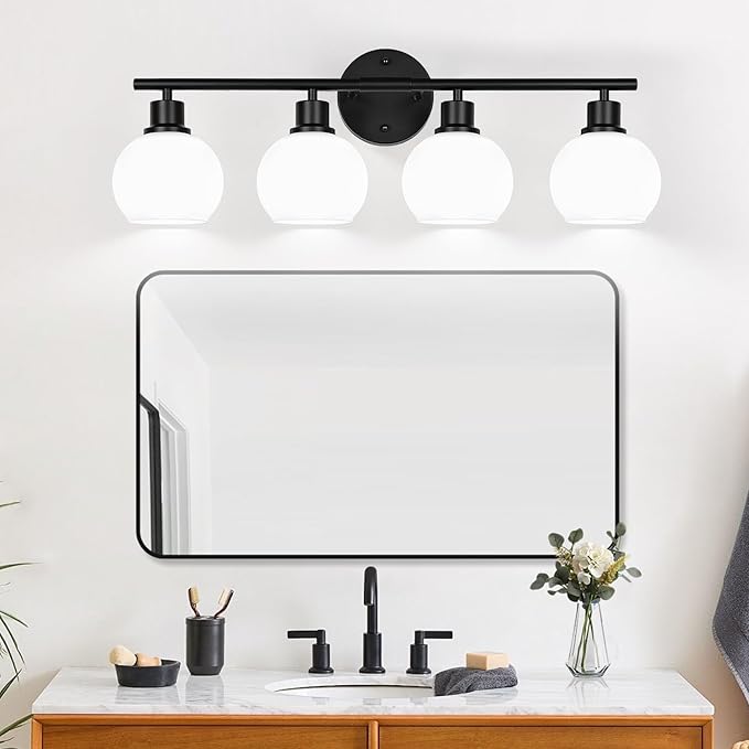 4-Light Bathroom Light Fixtures, Black Bathroom Lights Over Mirror with Milky White Frosted Glass Globe Shade, Vanity Lights for Bathroom Kitchen Living Room Hallway Cabinet Bedroom Porch