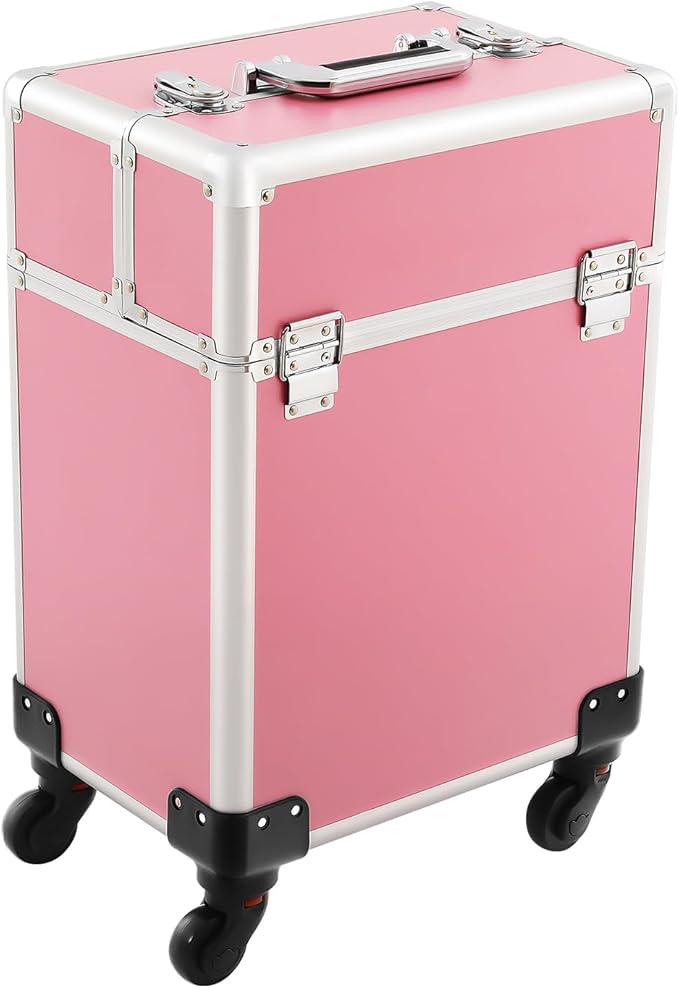 Rolling Makeup Train Case, Large Aluminum Alloy Cosmetic Trolley Case with Wheels & Retractable Handle, Lockable Storage for Makeup Artists, Lash Techs, Travel, Pink