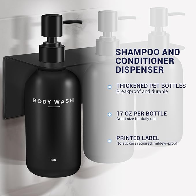KLL Shampoo and Conditioner Dispenser Set - Wall Mounted Shower Soap Dispenser - 17oz No-Drill Refillable Plastic Pump Bottles for Bathroom - Includes Soap Dish & Hook (Black)
