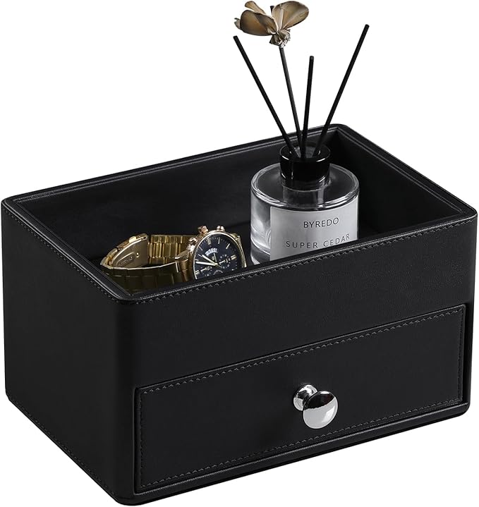 PU Leather Makeup Organizer with Drawer, Waterproof Cosmetic Storage Box, Multifunctional Nightstand Vanity Organizer for Skincare, Perfume, Jewelry, Bathroom Countertop (Black)