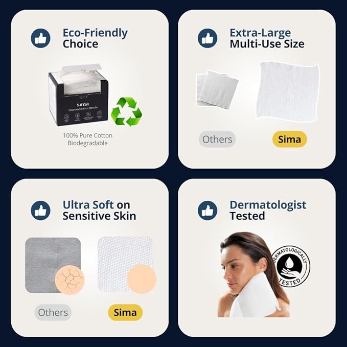 Sima Disposable Face Towels for Drying - 100% Cotton Face Wipes 150 Pack - Biodegradable Makeup remover for sensitive Skin, Gentle Clean facial cloth - Ultra-Soft & Lint-Free, Cruelty Free