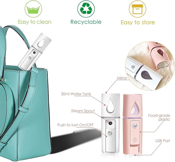 GIVERARE 2 Pack Nano Facial Steamer, Handy Mini Mister with Mirror, USB Rechargeable Mist Sprayer, Visual Water Tank Moisturizing&Hydrating for Face, Makeup, Skin Care, Eyelash Extensions-Pink
