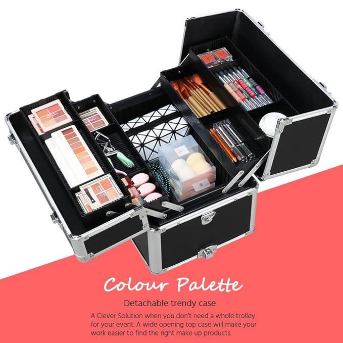 Yaheetech Rolling Makeup Train Case 3 in 1 Cosmetic Makeup Case Large Aluminum Trolley Makeup Travel Case Professional Rolling Cosmetic Beauty Storage, with 360° Swivel Wheels, Black