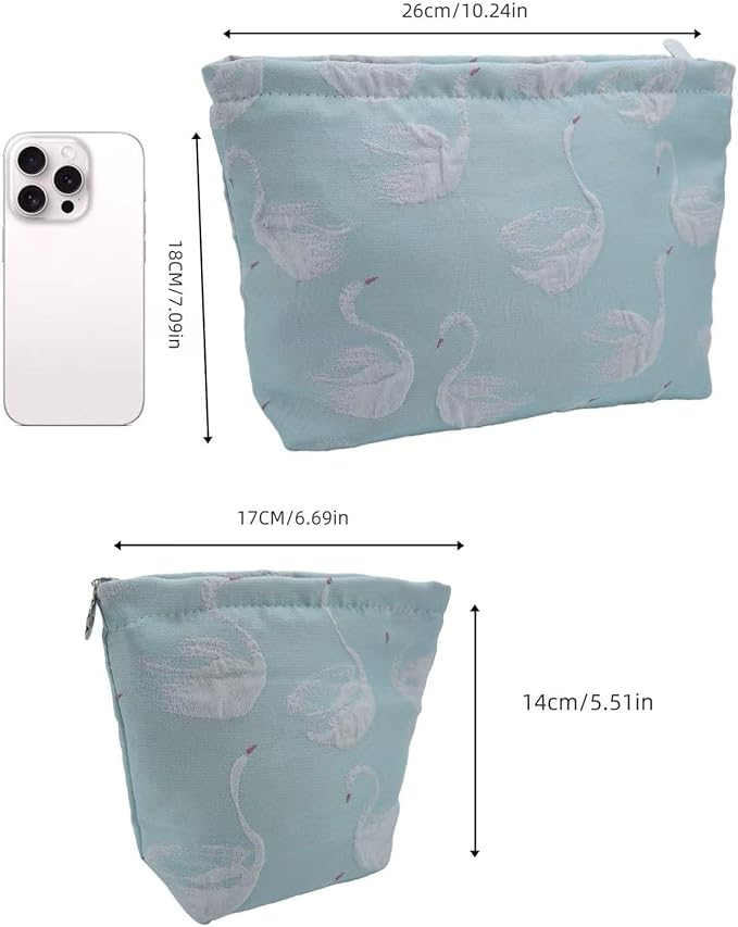 2-Pack Swan Print Makeup Bag Set - Large Capacity Light Blue Cosmetic Organizer | Travel Toiletry Pouch for Women Girls (Cute Animal Print, Zipper Closure)