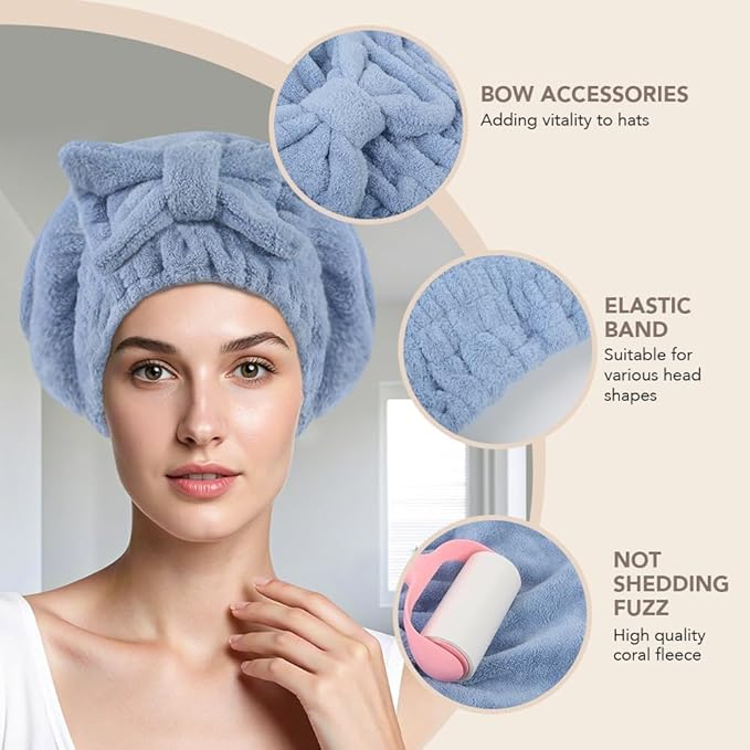 SUNLAND Large Microfiber Hair Drying Caps with Bow Knot Fast Drying Shower Cap Soft and Absorbent hairWrap Hair Turban Bath Caps for Curly Thick and Wet Hair