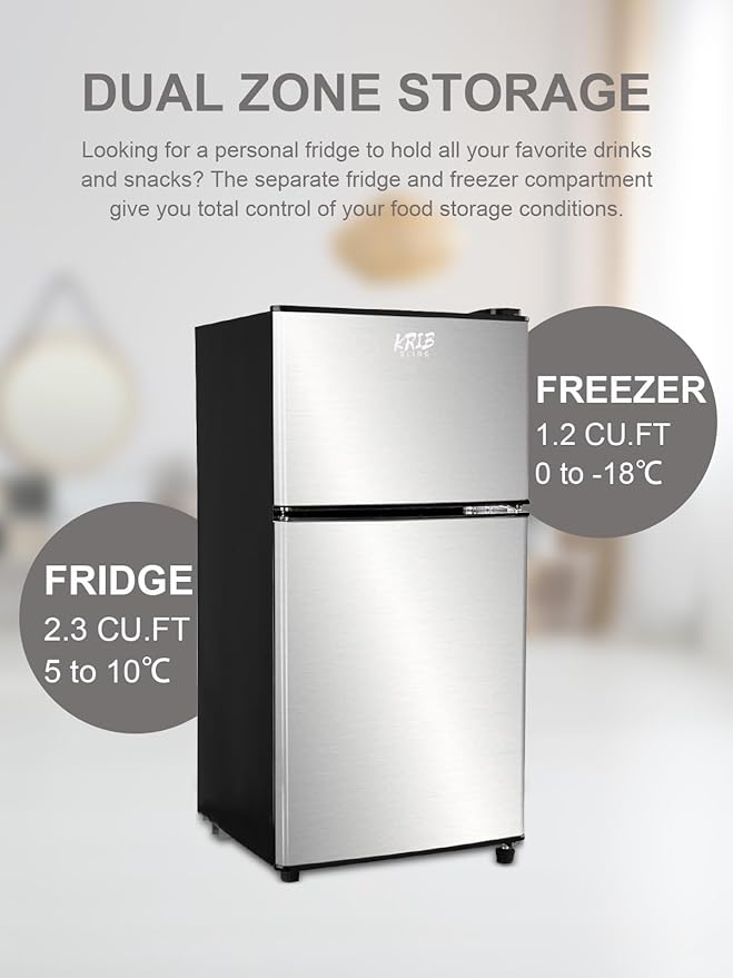 Mini Fridge With Freezer,3.5 Cu. Ft Compact Refrigerator With 2 Doors,7- Level Adjustable Thermostat, Removable Glass Shelves For Bedroom, Office, Kitchen, Apartment, Dorm, Silver