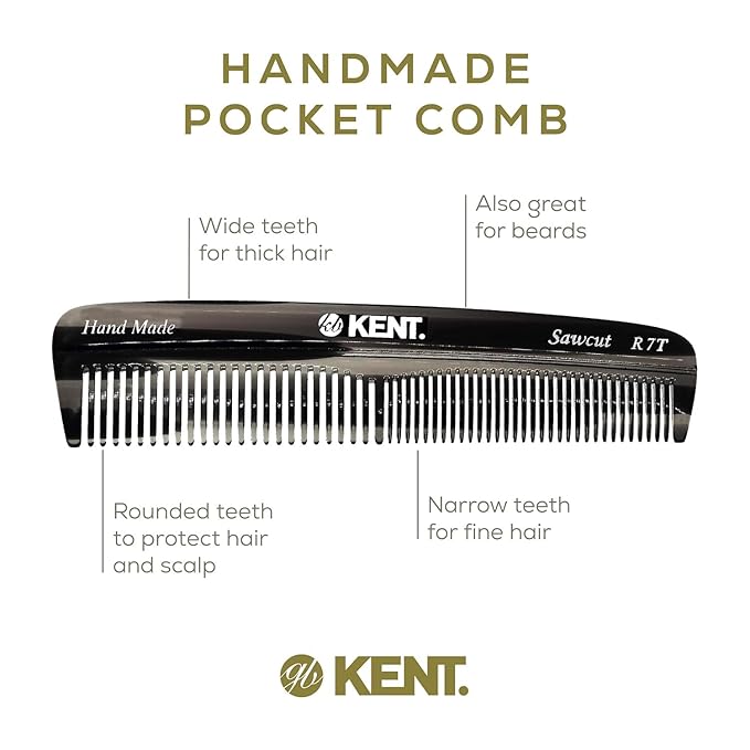 Kent R7TG Black Graphite Double Tooth Hair Pocket Comb, Small Fine/Wide Tooth Comb For Styling Hair, Beard and Mustache, for Men, Women and Kids. Saw Cut and Hand Polished. Handmade in England