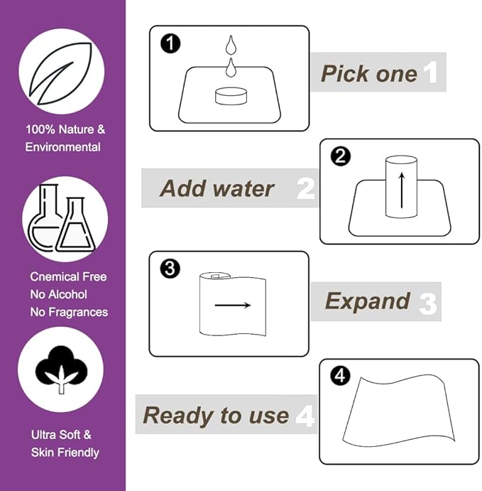 Compressed Facial Towels (100 Count) - Disposable Wash Cloths for Travel and Camping (7.9in x 7.9in)