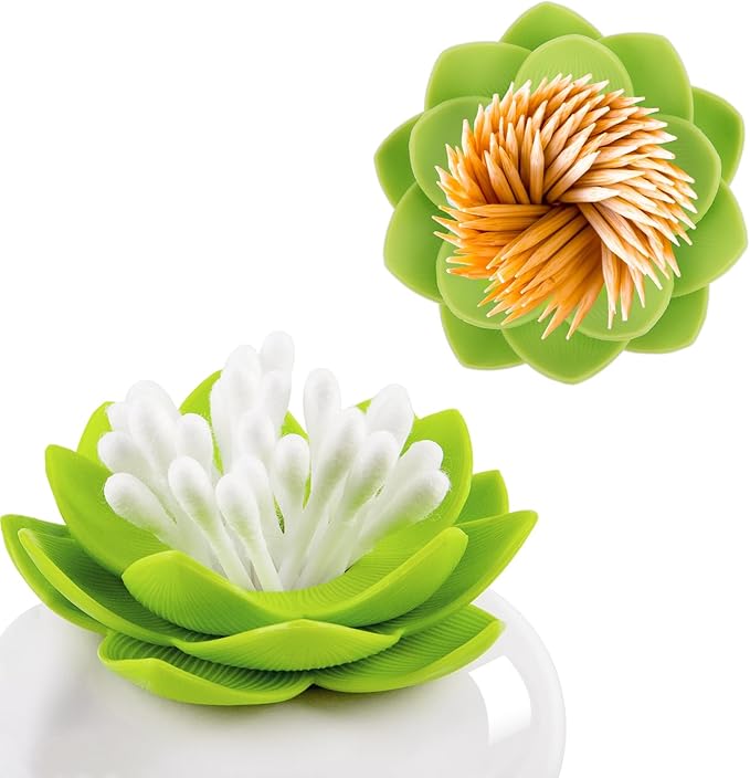 Bloss Mothers Day Gifts Cotton Swab Holder Q-Tips Holder Lotus Toothpick Holder Small Toothpick Case Toothpicks Organizer Bathroom Vanity Canister -Green