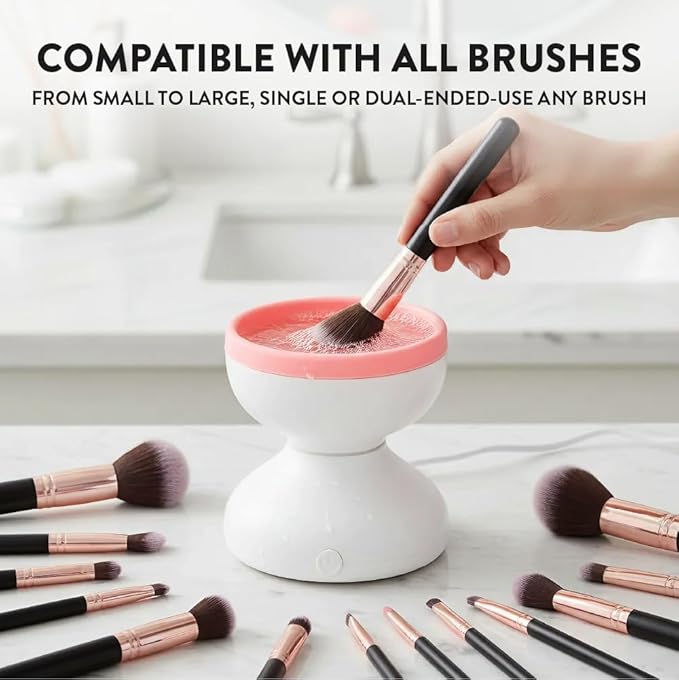 ÉCLAT Electric Makeup Brush Cleaner Machine, Remove Residue on Brush, Sponge, Powder Puffs, Cosmetic Tool Cleaner, No Batteries Needed, Portable Spinning Washer Saves Cleanser Solution (White/Pink)