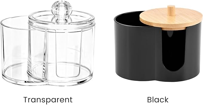 Qtip Holder Dispenser,Dual-Compartment Cotton Swab & Cotton Pad Organizer with Removable Dustproo-f Lid,Compact Countertop Storage Container(Black)