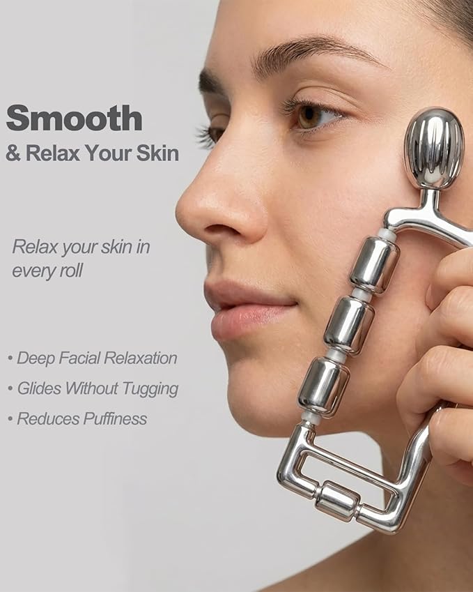 Yeamon Face Roller for Skin Care, 3-in-1 Facial Massager with Cooling Metal, Under Eye Roller for Puffiness, Jawline & Cheek Massage Tool, Gua Sha Set for Women