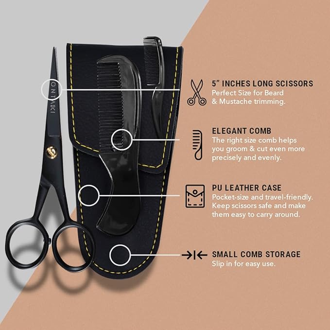 Ontaki Mustache Scissors - 5-Inch, Black - Bevel-Edge Precision & Beard Trimming Scissors - Complete Kit with Mustache Comb & Beard Comb