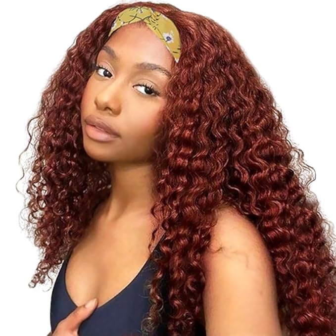 XSY Headband Wig Human Hair Red Reddish Brown 33# 16 Inch Deep Wave Headband Human Hair Wigs for Black Women Curly Headband Wig Glueless Machine Made Wigs 150% Density