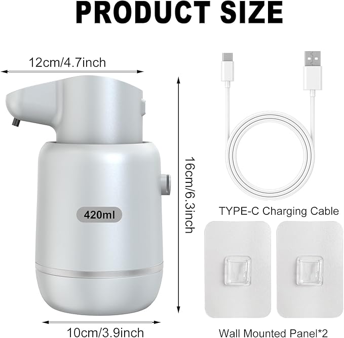 Automatic Foaming Soap Dispenser 15oz/420ml Foaming Hand Sanitizer Touchless Wall Mount with 4levels Adjustable Free Touch Electric Soap Dispenser Rechargeable with Sensor(Grey)