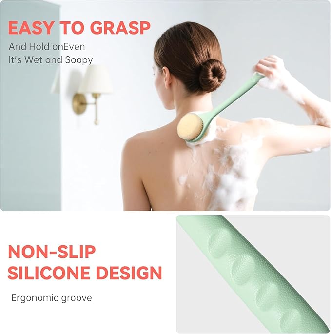 Back Scrubber for Shower, 15.7" Loofah with Handle, Back Shower Brush with Bristles and Loofah, Dry Brushing Body Brush for Cleanse Back and Hard to Reach Areas with Curved Long Handle