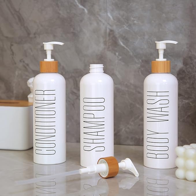 HOMCDALY Shampoo and Conditioner Dispenser, 16oz 3-Pack Refillable Shampoo and Conditioner Bottles, Empty Shampoo Bottles Refillable with Bamboo Pump, Bathroom Shower Shampoo Dispenser Set