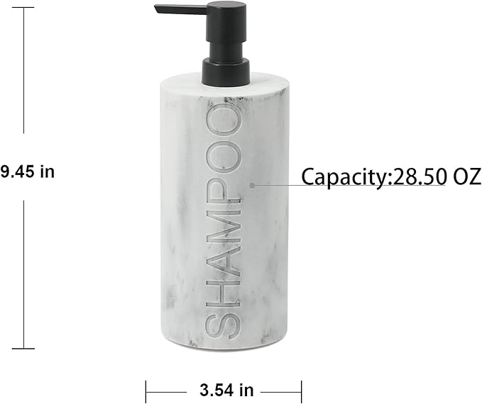 Resin White Marbled Shampoo Engraved Bottle Refillable Pump Dispenser, Durable Waterproof Construction for Bath, Shower - Resin White Marble - Matte Black Pump