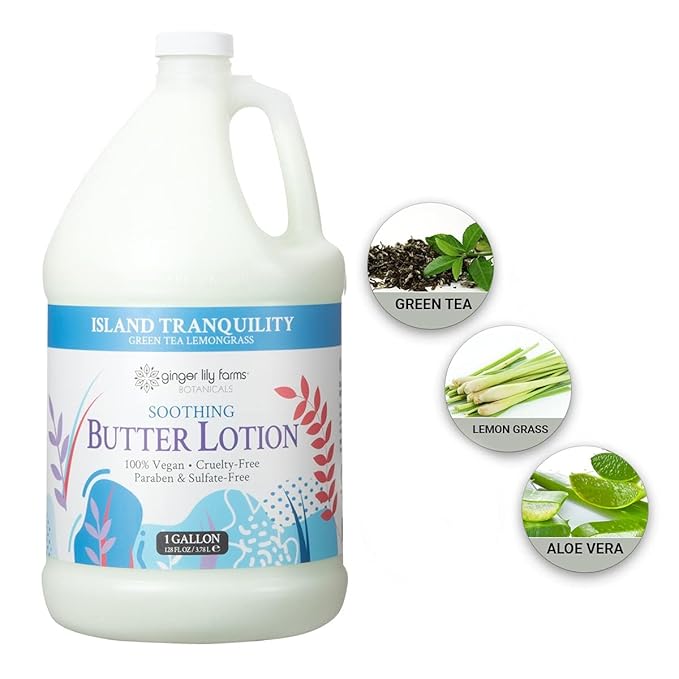 Ginger Lily Farms Botanicals Soothing Butter Lotion for Dry Skin, Island Tranquility, 100% Vegan & Cruelty-Free, Green Tea Lemongrass Scent, 1 Gallon (Pack of 4)