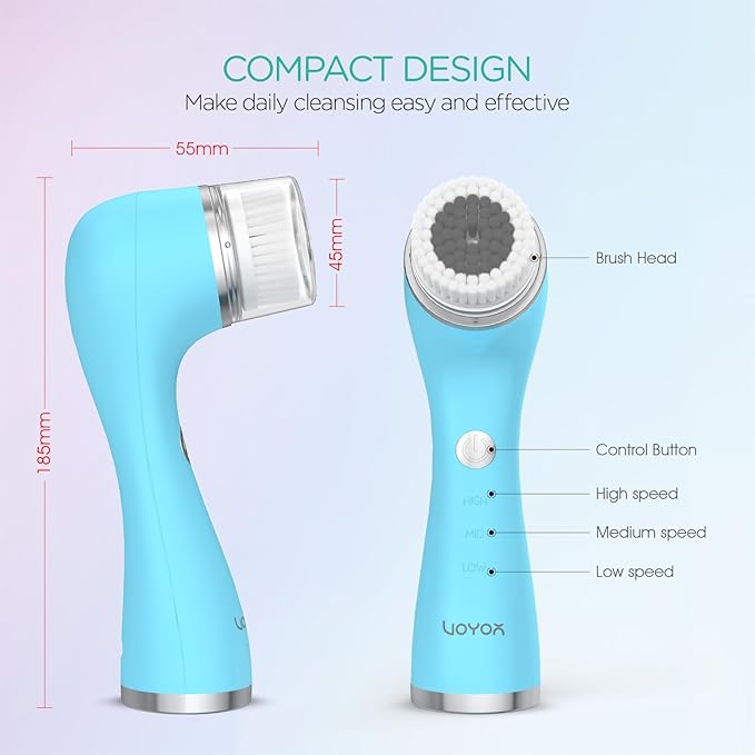 VOYOR Facial Cleansing Brush Rechargeable, Spin Face Brush Waterproof 5-in-1 Body Brush Set for Deep Skin Cleansing, Gentle Exfoliating and Massaging FB500 (Blue)