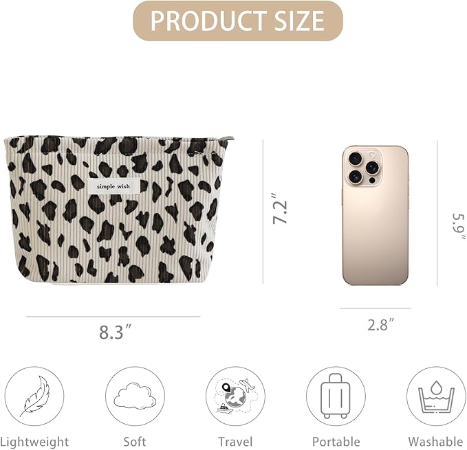 Wudygirl Leopard Makeup Bag Travel Cosmetic Bag for Women Small Makeup Pouch Zipper Cosmetic Pouch Handbag Aesthetic (White Leopard)