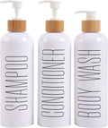 HOMCDALY Shampoo and Conditioner Dispenser, 16oz 3-Pack Refillable Shampoo and Conditioner Bottles, Empty Shampoo Bottles Refillable with Bamboo Pump, Bathroom Shower Shampoo Dispenser Set
