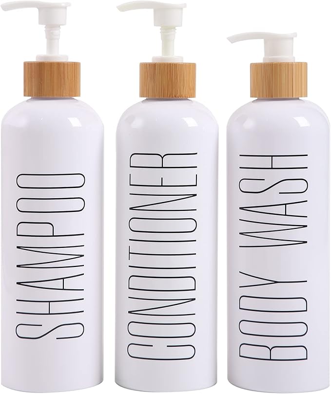 HOMCDALY Shampoo and Conditioner Dispenser, 16oz 3-Pack Refillable Shampoo and Conditioner Bottles, Empty Shampoo Bottles Refillable with Bamboo Pump, Bathroom Shower Shampoo Dispenser Set