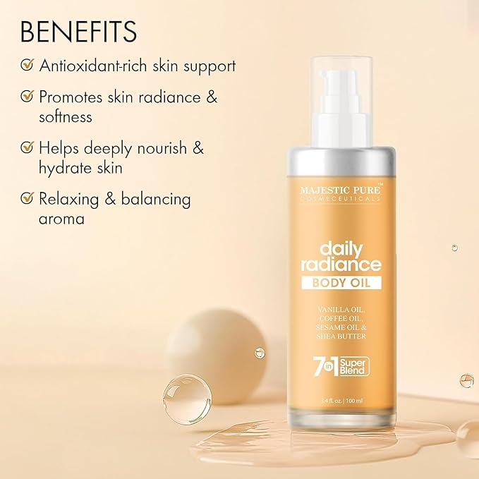 Majestic Pure Vanilla Body Oil - 100% Pure & Natural with Shea Butter, Coffee, Sesame Oils- After Shower Body Oils for Women and Men - Scented, Radiant, Firming Massage Oil - 3.4 Fl Oz