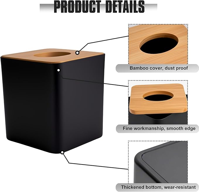 RETON 2 Pack Tissue Box Cover, Square Plastic Tissue Holder with Bamboo Cover Plate, Cube Black White Paper Organizers for Living Room, Office, Home Decor, Night Stand