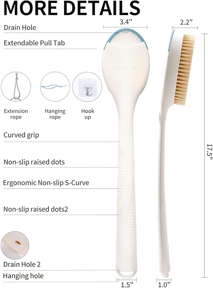 BUBBLEDANCE® Back Scrubber for Shower with Extendable Long Handle (17.5-31.9"), 1.3X Larger Natural Stiff Bristles, Anti-Slip Shower Brush for Deep Exfoliating, Bath & Dry Brushing