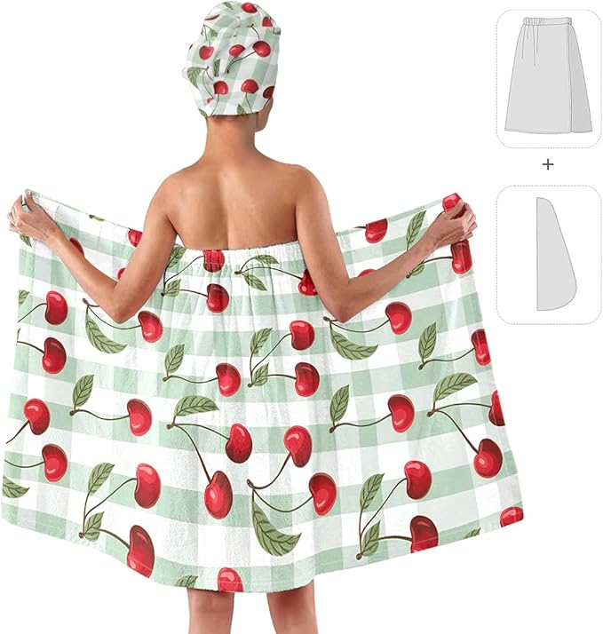 Cherry Print Bath Wrap Skirt and Hair Drying Cap Set – Absorbent Microfiber Shower Spa Towel with Elastic Non-Slip Closure, Quick Dry Lounge Gift (Cherry 5)