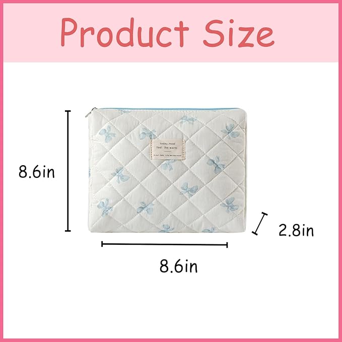 uekeboag Quilted Cotton Makeup Bag,Coquette Quilted Toiletry Bag for Women and Girls,Floral Coquette Pouch,Cute Kawaii Travel Cosmetic Bags(Little Blue Bow)