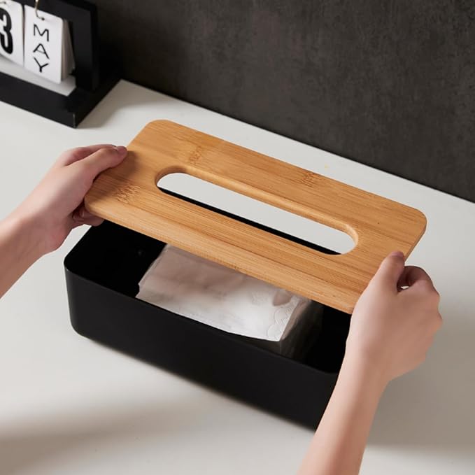 Tissue Box with Bamboo Cover,Plastic Tissue Organizer,Bathroom Tissue Dispenser for Home,Bedroom,Office,Living Room,8.1×4.6×2.9 in (Black)