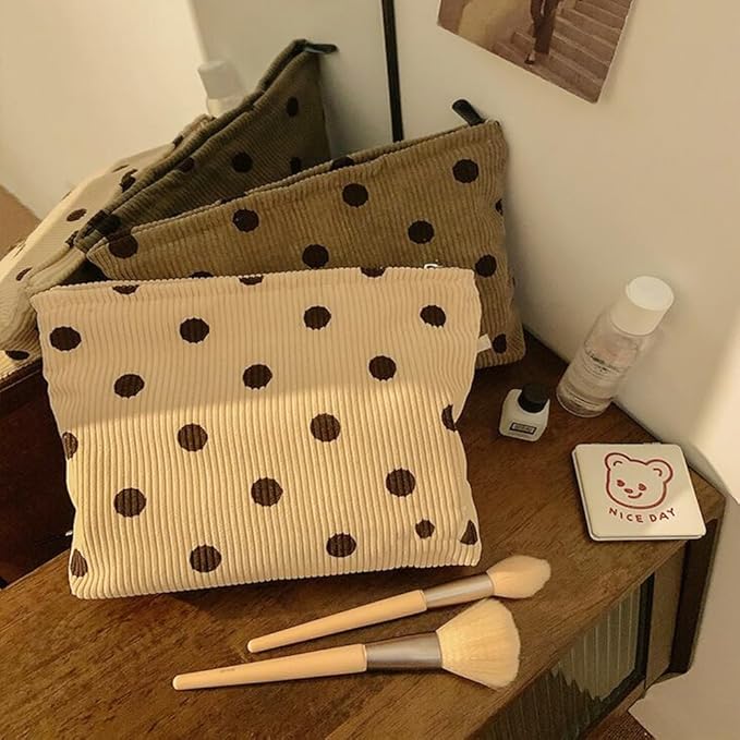 SxoSyo Cosmetic Bags for Women Makeup Bag Large Capacity Purse Travel Toiletries Zipper Storage Pouch Make up Brushes Organizer for Gifts (Corduroy, White dot)