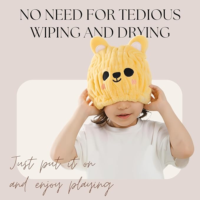 Microfiber Hair Towel Wrap for Kids, Yellow Bear Dry Hair Cap Suck Water, Absorbent Quick Girls Boys Hair Drying Towel, Lightweight Bouncy Hat Headscarf