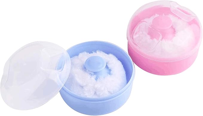 2pcs-Baby Body Cosmetic Powder Puff Kit Sponge Box Case Container(Blue&Pink)