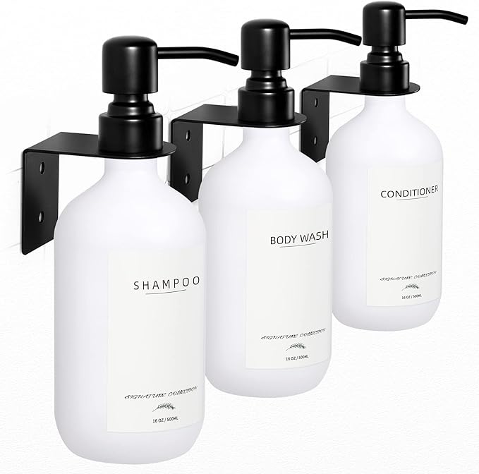 Shampoo Dispenser for Shower Wall Mount, No Drill Shampoo and Conditioner Dispenser with Matte Pump and Waterproof Labels, Shower Soap Dispenser Wall Mounted for Home Bathroom - White