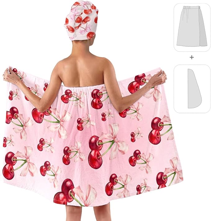 Women's Cherry Bow Shower Wrap and Hair Towel Set – Pink Quick Dry Microfiber Bath Wrap with Adjustable Closure – Cute Spa, Dorm, Gift Towel Set for Girls & Teens (Cherry 3)