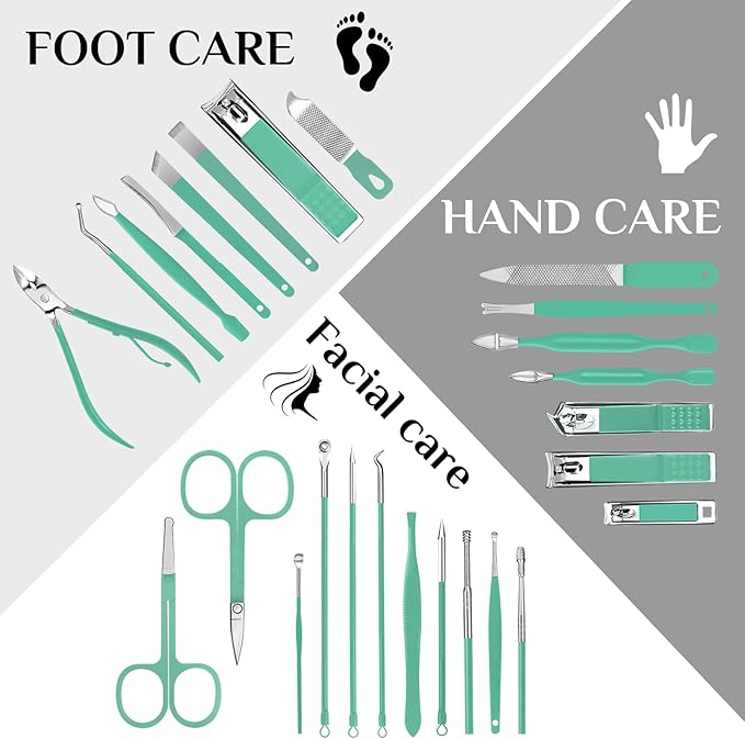 Travel Manicure Set 26-Piece, Portable Nail Clippers Kit with PU Case, Carbon Steel Clippers, 410 Stainless Steel Grooming Tools, Hand Foot Facial Care for Luggage Backpack（Green）