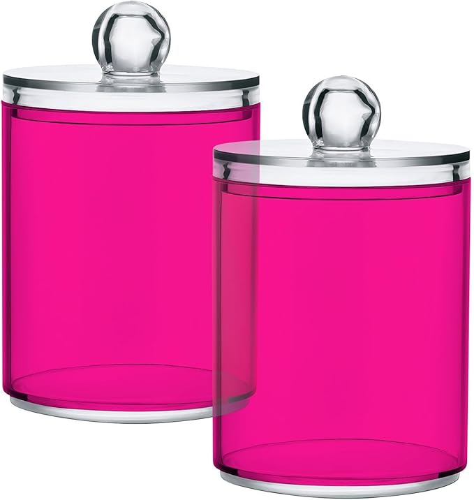 Deep Pink Qtip Holder Organizer Dispenser Cotton Swabs Cans Plastic Jars with Lid Set 4 Pack Bathroom Storage Canister for Cotton Ball Floss Cotton Pads