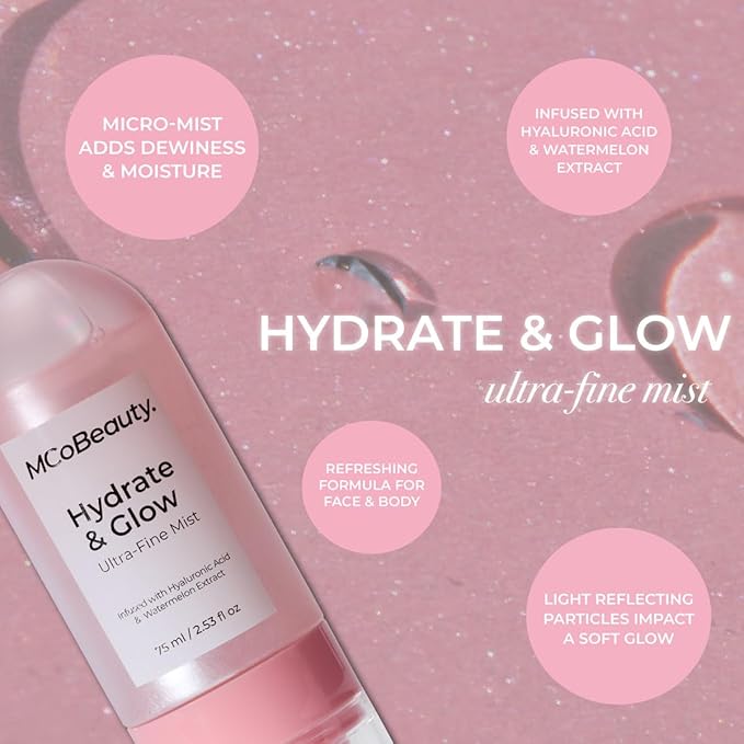 MCoBeauty - Hydrate and Glow Ultra Fine Mist Spray - Watermelon Scented Face and Body Spray with Aloe Vera - Contains Hyaluronic Acid and Shimmer - 90ml