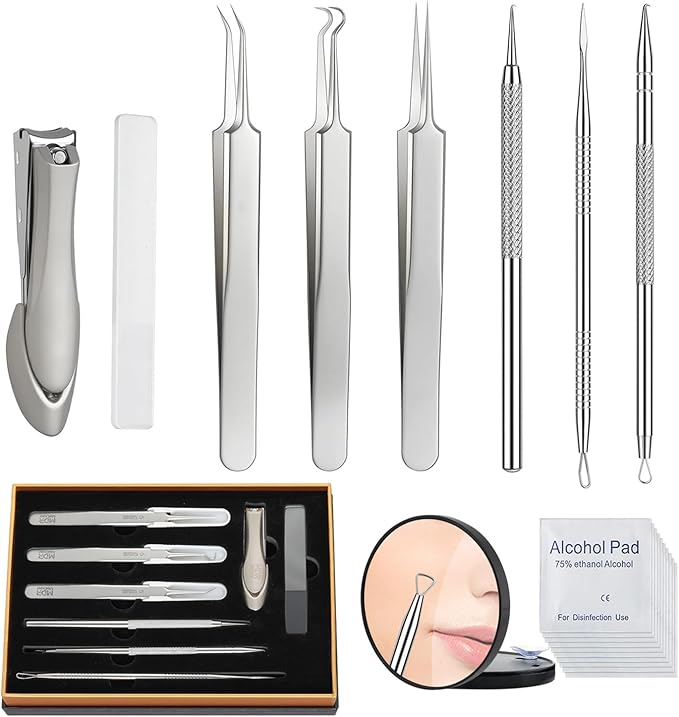 8 Pcs Titanium Alloy Pimple Popper Tool Kit, Pimple Extractor Comedone Extractor Tool, Blackhead Extractor Acne Tools for Face Blemish Whitehead Removal with 20 Alcohol Pads & 10x Magnifying Glass