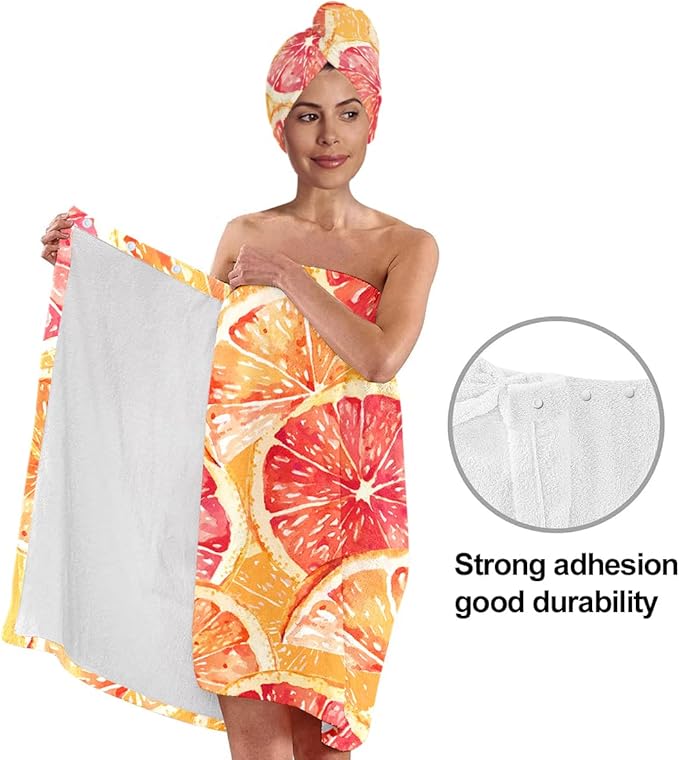 Citrus Print Bath Wrap and Hair Drying Towel Set – Microfiber Quick Dry Shower Body Wrap for Women, Absorbent Spa Skirt with Elastic Band and Orange Grapefruit Pattern (Citrus 2)
